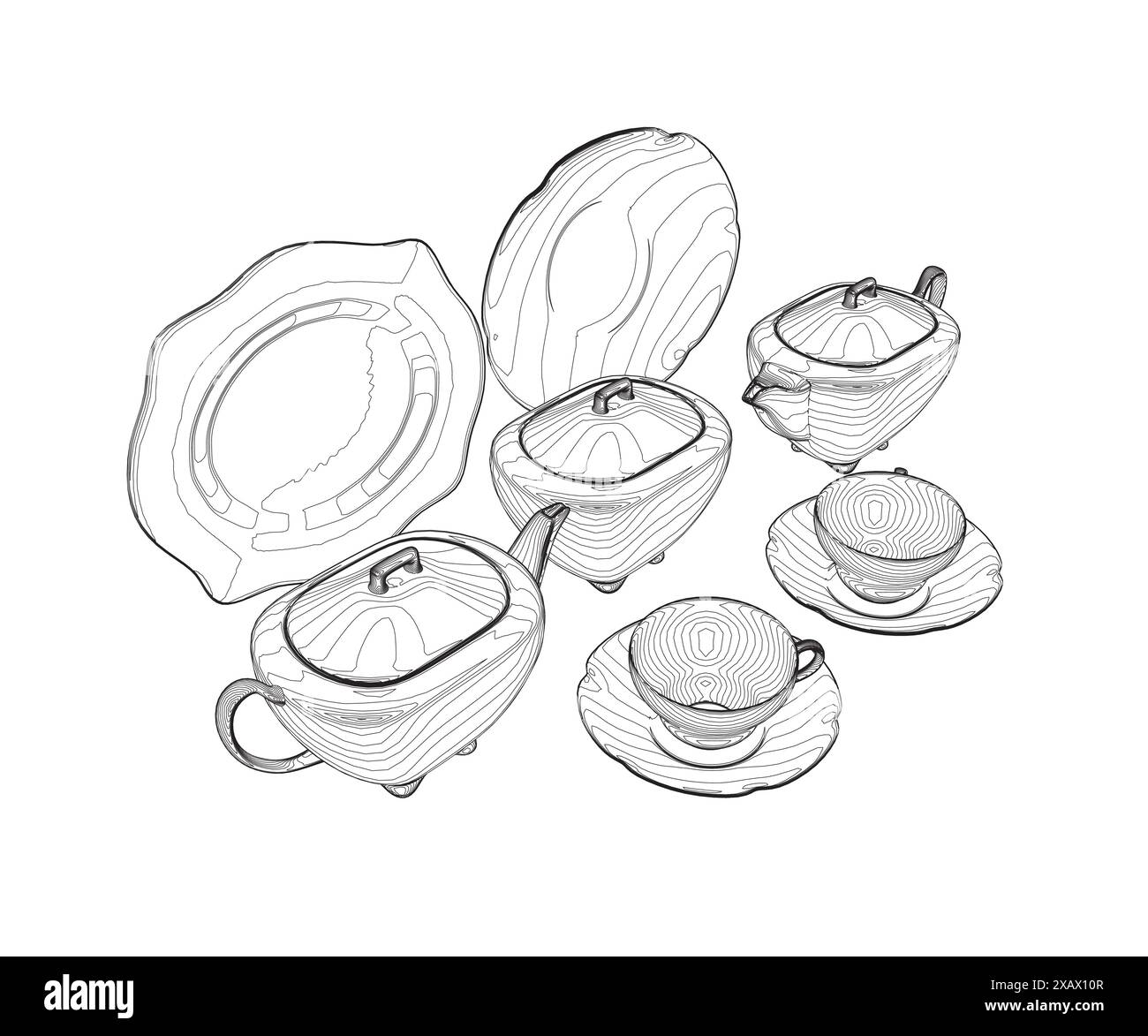 Set da tè con illustrazione Contour. Teiera, caraffa del latte, ciotola dello zucchero, tazze e piattini. Contorno nero. Pagina da colorare. Illustrazione Vettoriale