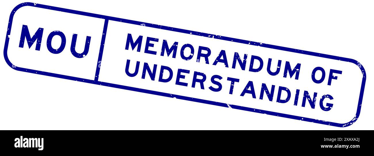 Parola per memorandum of understanding MOU blu grunge timbro quadrato in gomma su sfondo bianco Illustrazione Vettoriale