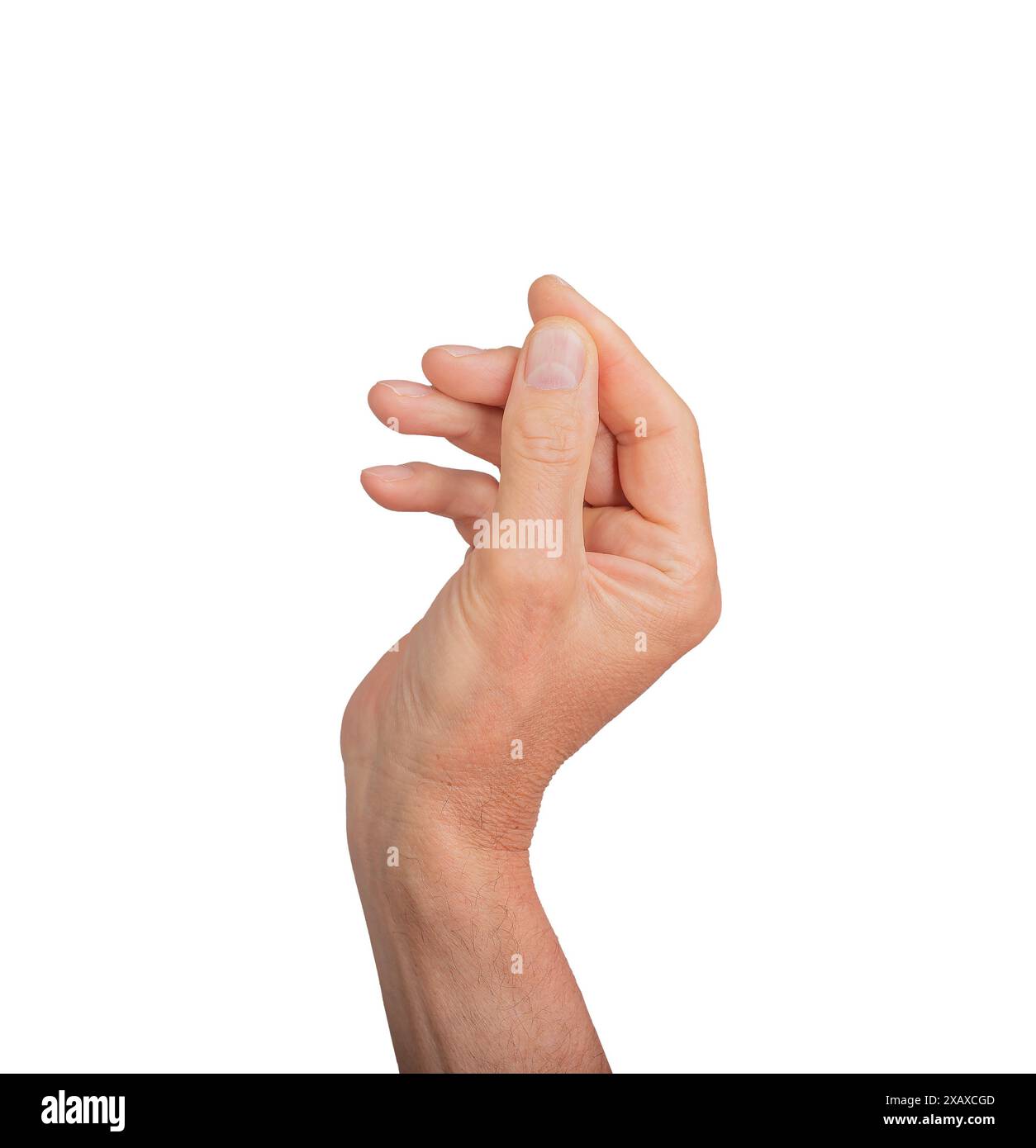 Mano che tiene qualcosa di piccolo, isolato su sfondo bianco. Gesto che indica un pizzico o una presa, ideale per i concetti di interazione e comunicazione. Clo Foto Stock