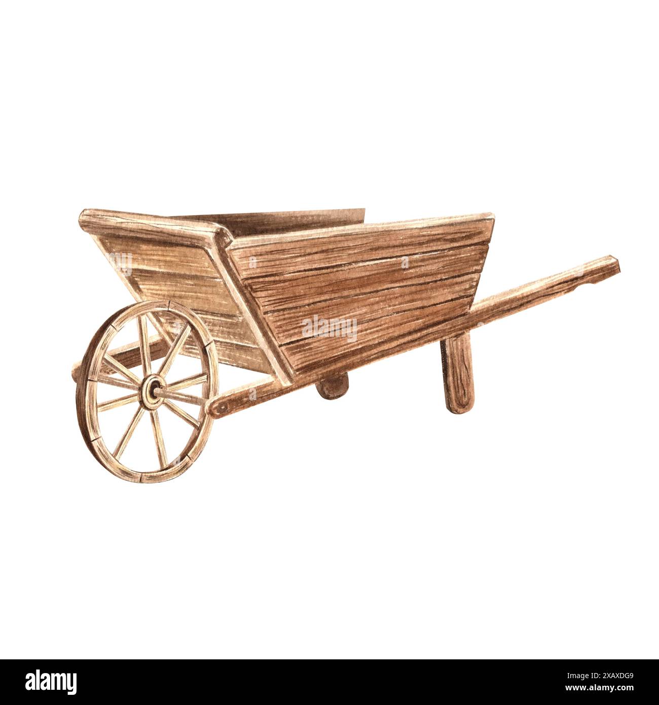 Carrello in legno con ruota. barrow di legname per fattoria. Illustrazione ad acquerello disegnata a mano isolata. Carriola rustica. Attrezzature da giardino per il raccolto. Clip ar Foto Stock