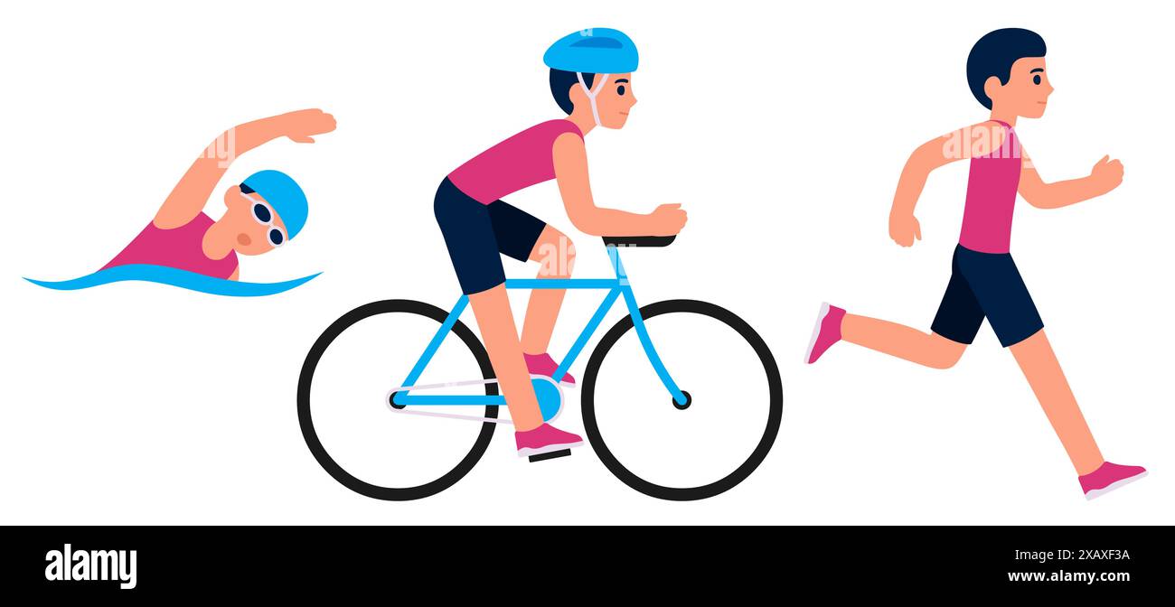 Attività di triathlon: Nuoto, ciclismo, corsa. Giovane che gareggia in gara. Semplice set di illustrazioni vettoriali in stile cartoni animati piatti. Illustrazione Vettoriale