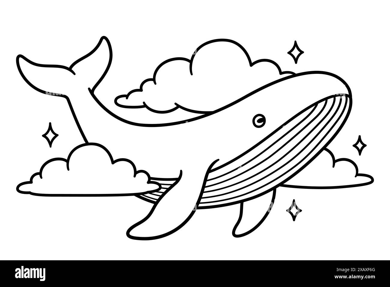 Balena che vola nel cielo tra le nuvole. Disegno fantasia surreale, arte in linea in bianco e nero. Illustrazione vettoriale disegnata a mano. Illustrazione Vettoriale
