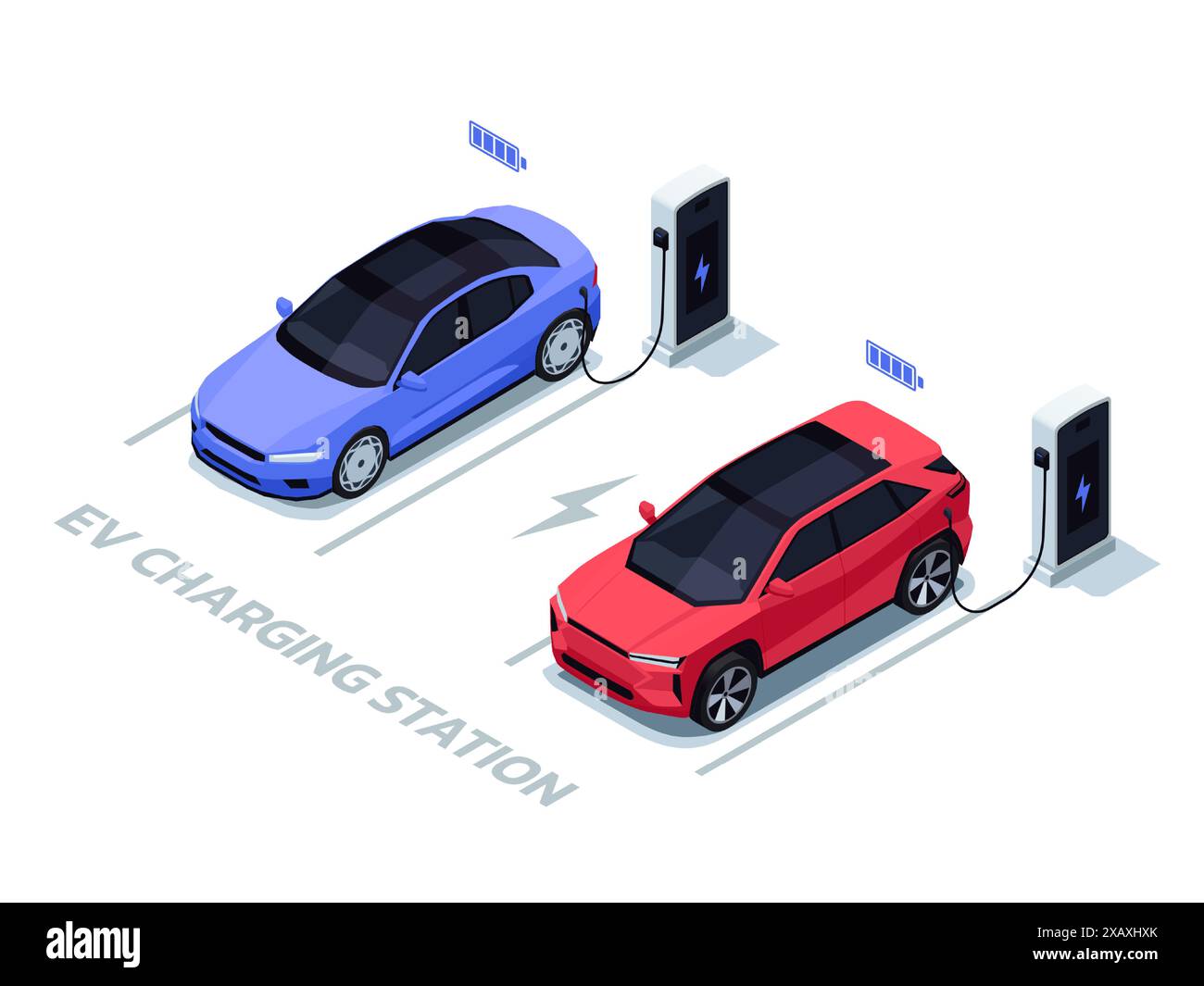 Auto isometriche in carica. Stazione di ricarica per veicoli elettrici con auto, parcheggio di ricarica eco-compatibile. Illustrazione vettoriale Illustrazione Vettoriale