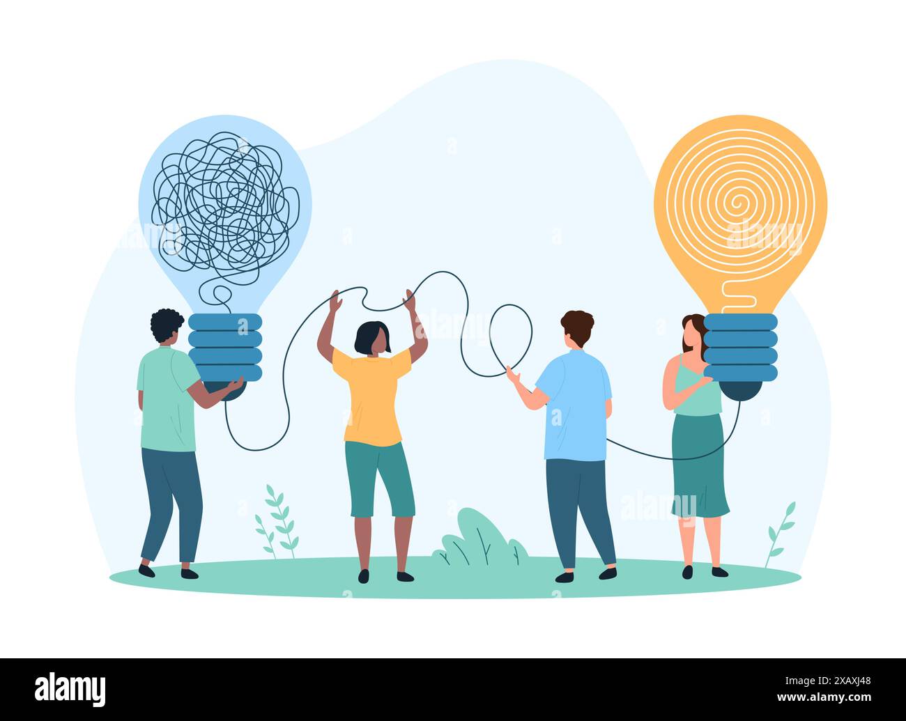 Processo di risoluzione di problemi complessi, mettere in ordine i pensieri, psicologia e aiuto da parte del coach con problemi di comunicazione. Le piccole persone districano il caos dei cavi per illuminare le illustrazioni vettoriali dei cartoni animati delle lampade Illustrazione Vettoriale