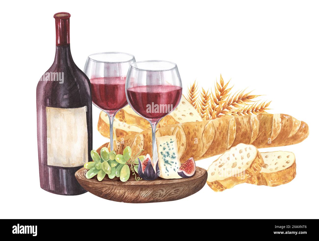 Bottiglia e bicchiere di vino rosso con baguette di pane bianco, formaggio dorblu, camembert. Illustrazione ad acquerello disegnata a mano isolata su sfondo bianco. Per Foto Stock