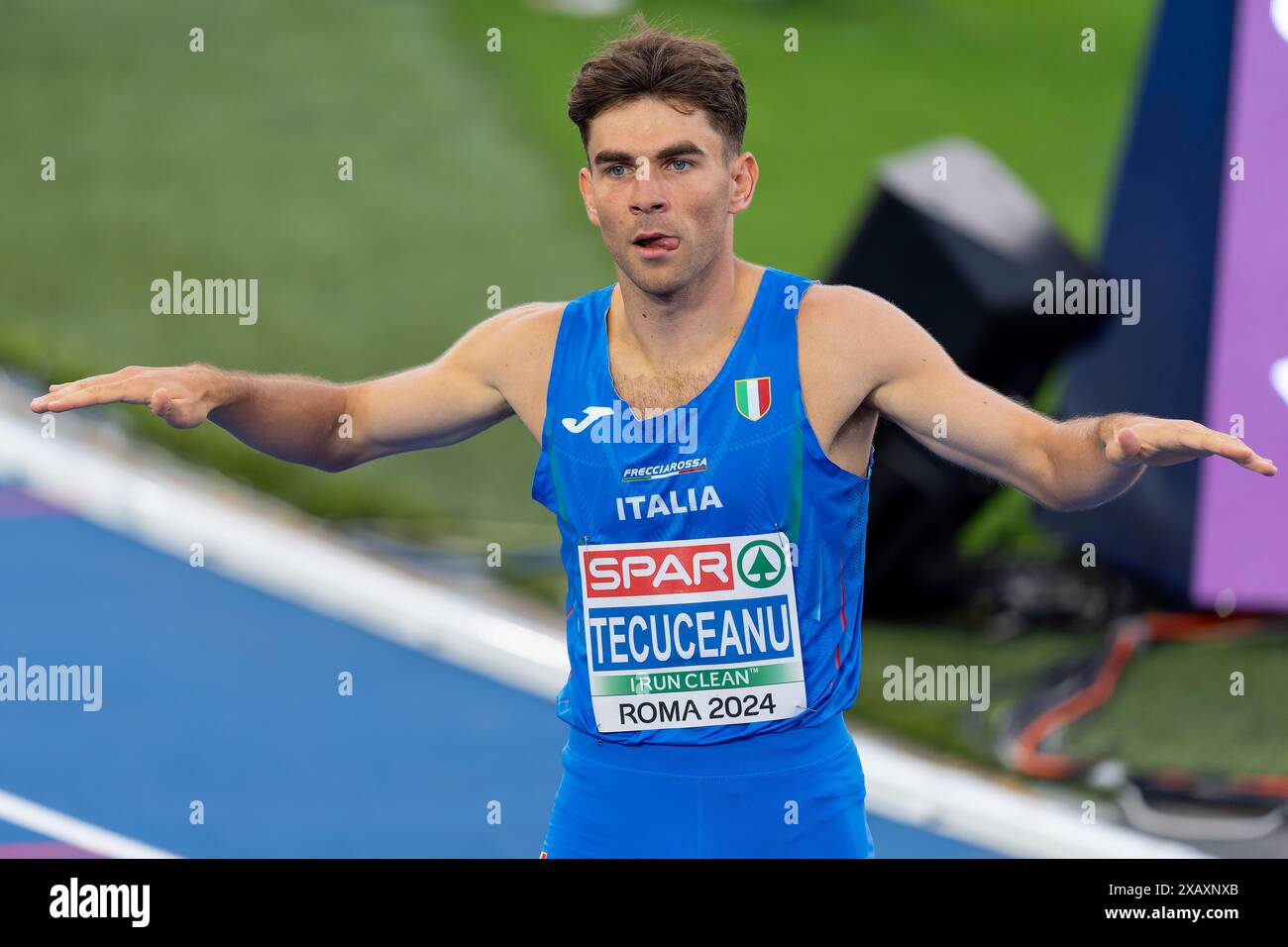 Roma, Italia. 8 giugno 2024. ROMA, ITALIA - 8 GIUGNO: L'Italia Catalin Tecuceanu reagisce dopo aver gareggiato nei 800m uomini durante la seconda giornata dei Campionati europei di atletica leggera - Roma 2024 allo Stadio Olimpico l'8 giugno 2024 a Roma. (Foto di Joris Verwijst/Agenzia BSR) credito: Agenzia BSR/Alamy Live News Foto Stock