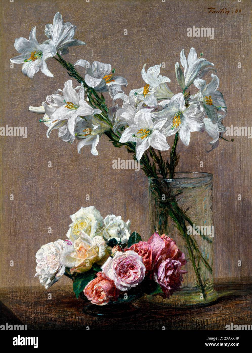 Rose e Lilies. Henri Fantin-Latour (francese, Grenoble 1836-1904 Bure). Data: 1888. Olio su tela. 1/2 x 18 poll. (59,7 x 45,7 cm) Foto Stock