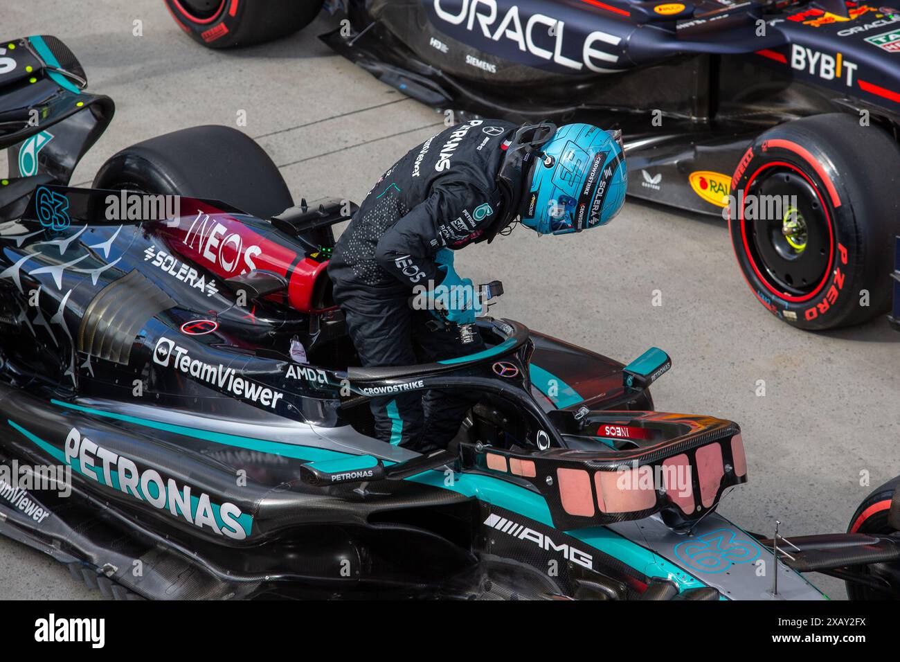 Montreal, Canada. 8 giugno 2024. George Russell del regno unito alla guida della 63 Mercedes-AMG Petronas F1 Team W15 e Performance Mercedes, durante il GP du Canada, Formula 1, sul circuito Gilles Villeneuve. Crediti: Alessio Morgese// Emage / Alamy live news Foto Stock