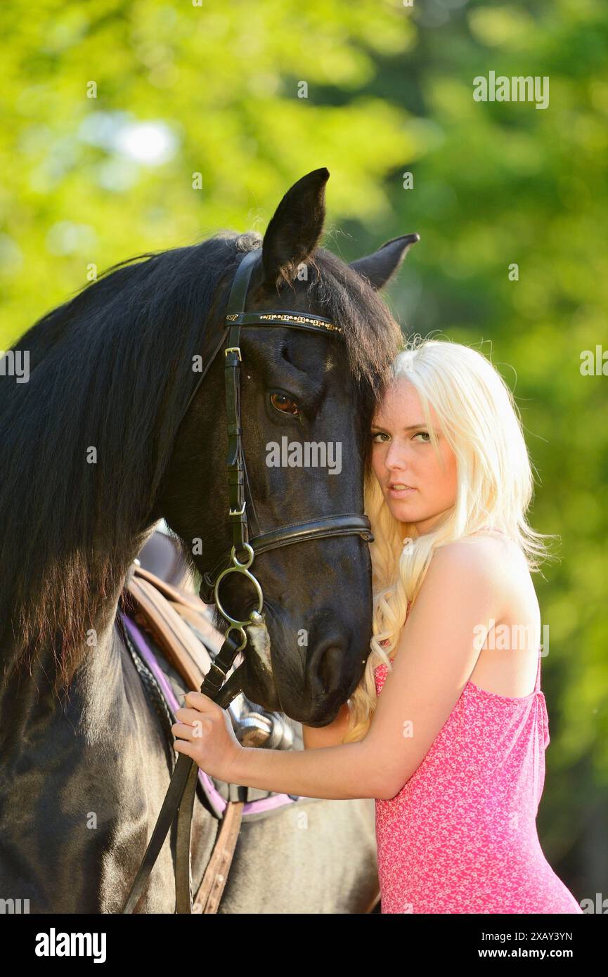 Donna bionda con un abito rosa che tiene in braccio un cavallo frisone nero in un ambiente forestale, la Baviera Foto Stock