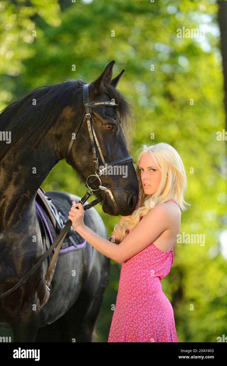 Donna bionda con un abito rosa che tiene in braccio un cavallo frisone nero in un ambiente forestale, la Baviera Foto Stock