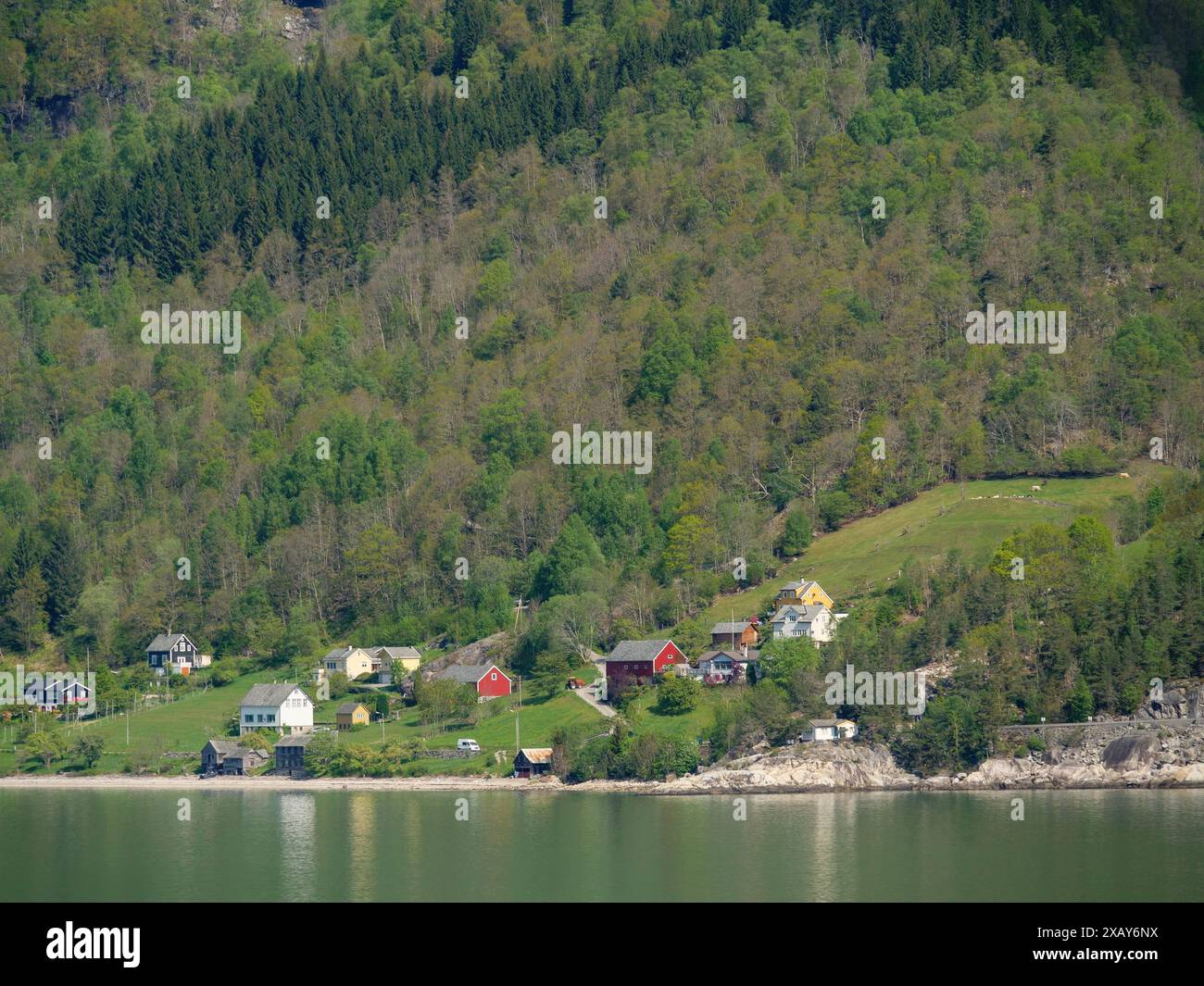 Vista delle case di campagna ai margini di una foresta, riflessa nelle acque tranquille di un lago, Eidfjord, Norvegia Foto Stock