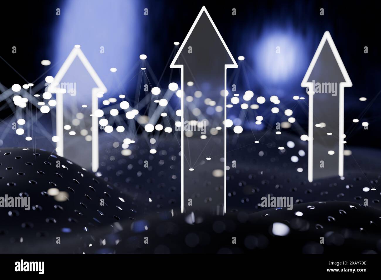 Frecce astratte rivolte verso l'alto con uno sfondo digitale futuristico. rendering 3d. Foto Stock