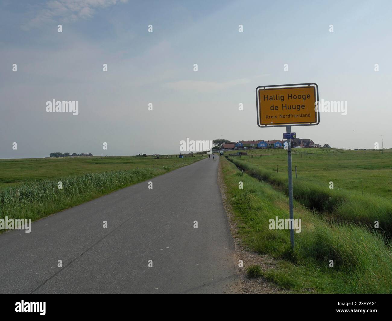 Strada rurale con un cartello e un prato, sullo sfondo edifici e un cielo ampio, Hallig Hooge, Schleswig-Holstein, Germania Foto Stock