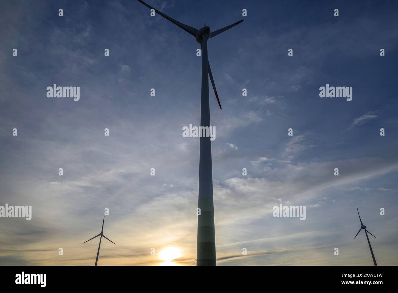 Diverse turbine eoliche sorgono nel cielo ventoso mentre il sole tramonta crea un'atmosfera tranquilla, Velen, Renania settentrionale-Vestfalia, GERMANIA Foto Stock