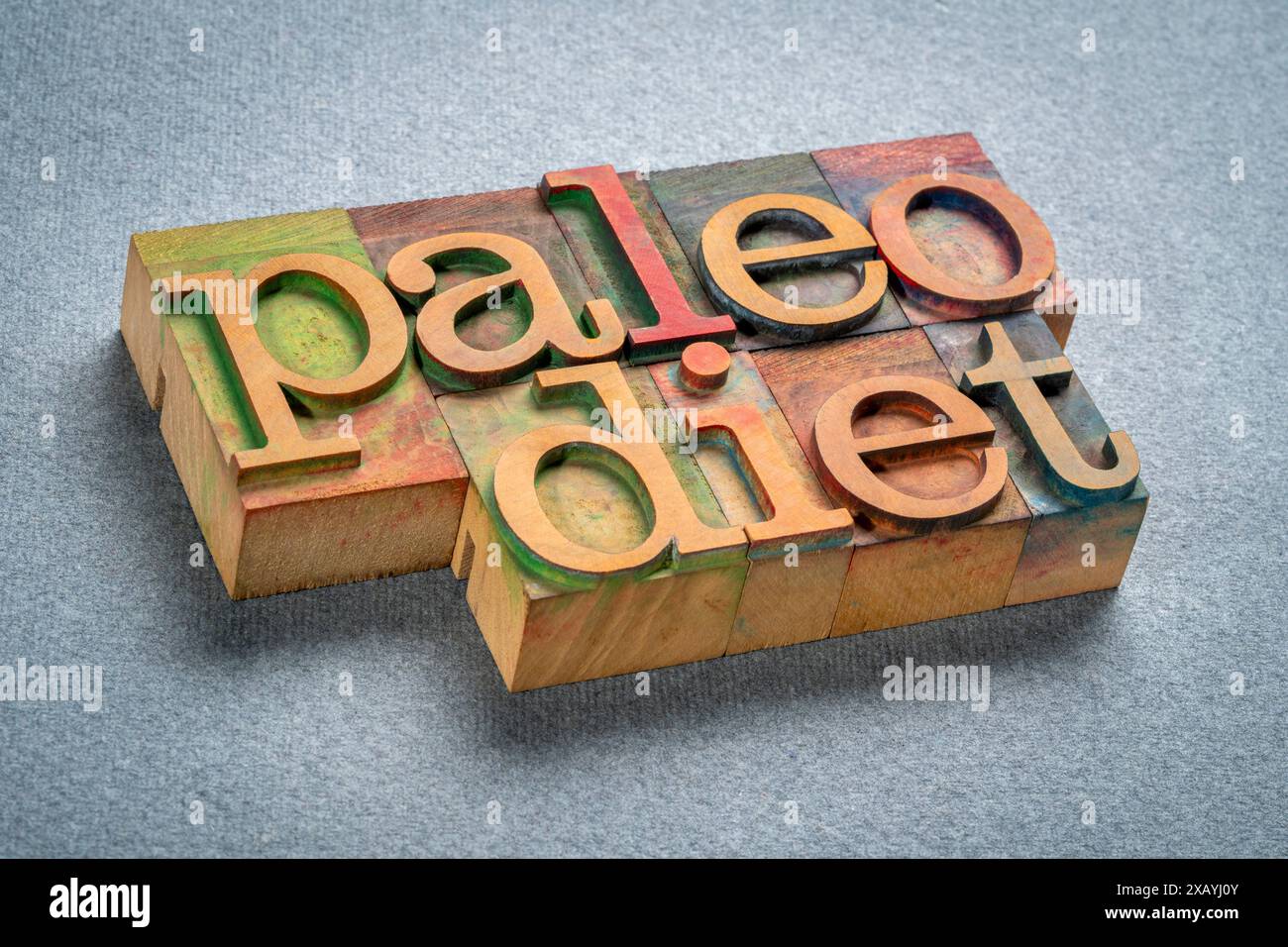 la dieta paleo, nota anche come dieta degli uomini delle caverne, è un die a basso contenuto di carboidrati e ad alto contenuto proteico, testo in legno retrò letterpress colorato da inchiostri colorati Foto Stock