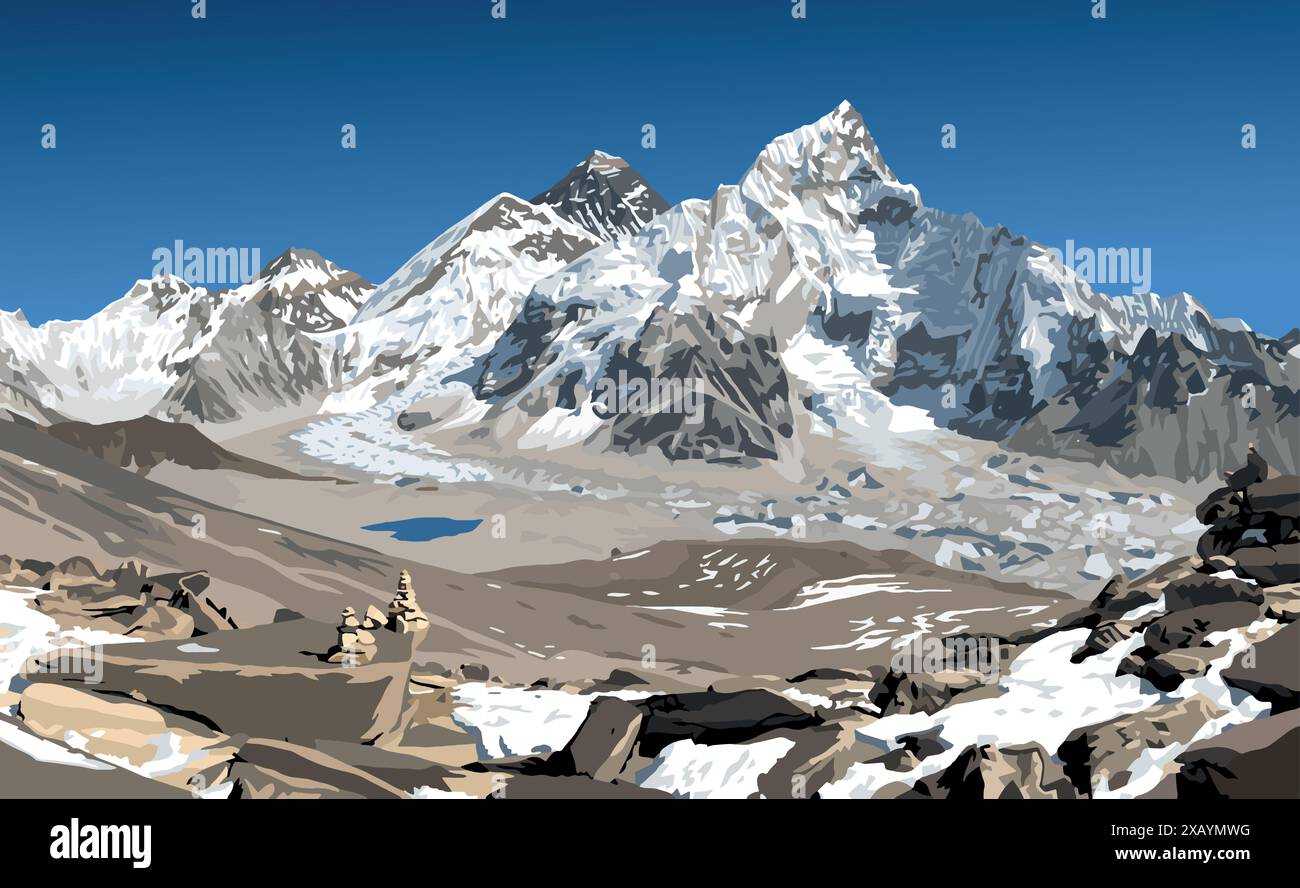 Monte Everest e Nuptse dal lato del Nepal, visto dalla cima del Kala Patthar con piramide di pietra, illustrazione vettoriale, Monte Everest 8.848 m, valle Khumbu, sa Illustrazione Vettoriale