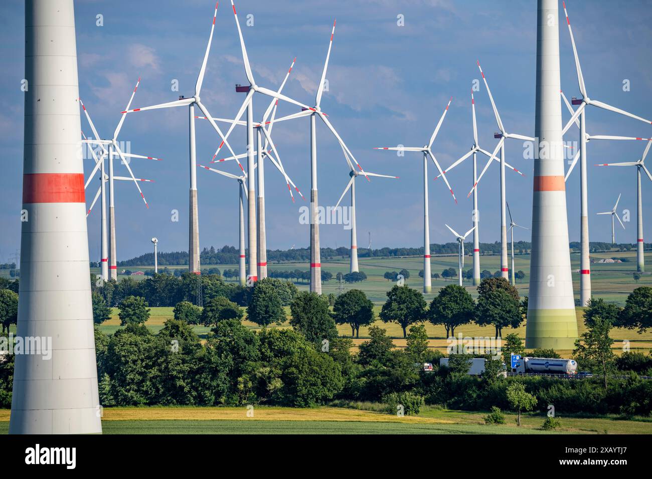 Parco eolico a nord-est di Bad Wünnenberg, Ostwestfalen Lippe, distretto di Paderborn, con l'autostrada A44 che attraversa il mezzo, campo di grano, NRW, Germ Foto Stock