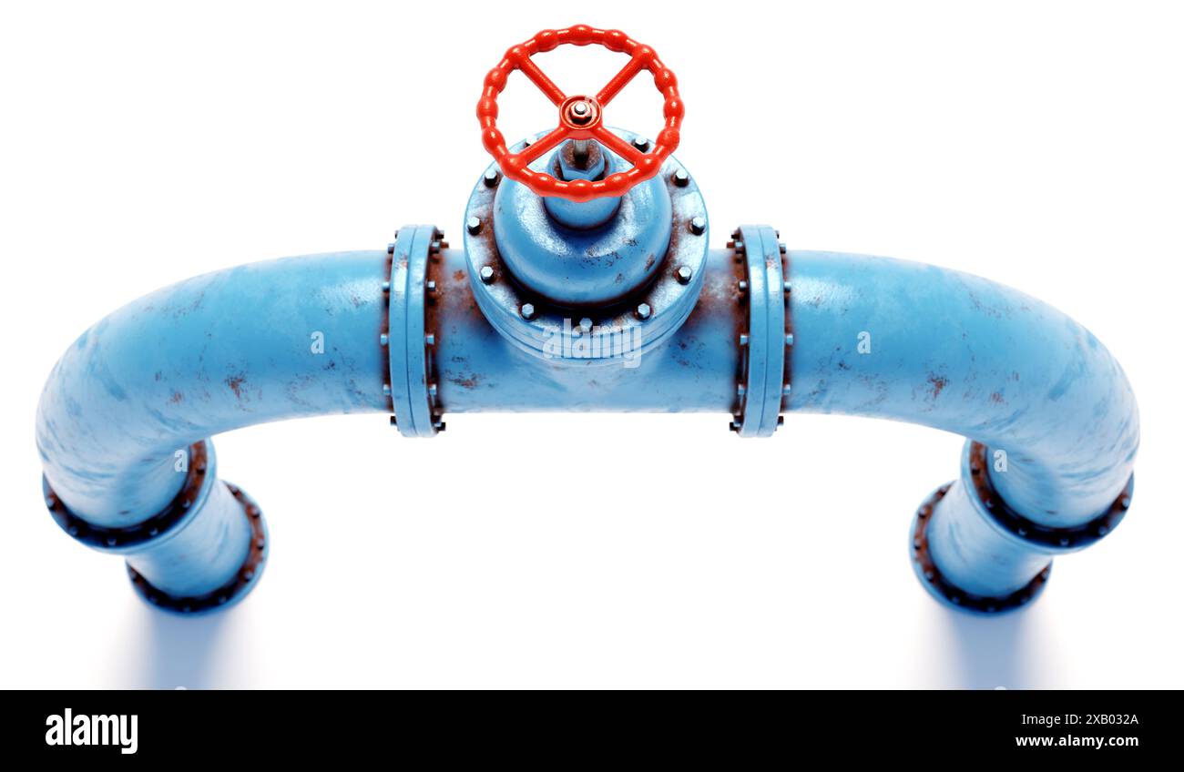 illustrazione del rendering 3d della tubazione dell'ablue con valvola rossa su sfondo bianco. Concetto di commercio di petrolio o gas. Economia mondiale e commercio internazionale. IO Foto Stock