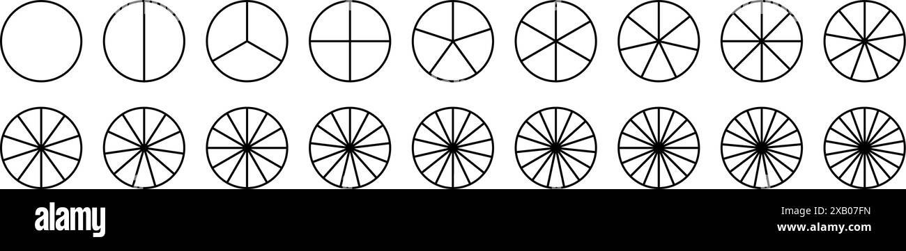 Grafico a torta con segmenti diversi in un diagramma circolare. grafico delle ruote diviso in parti e sezioni. Illustrazione vettoriale piatta isolata su bianco Illustrazione Vettoriale
