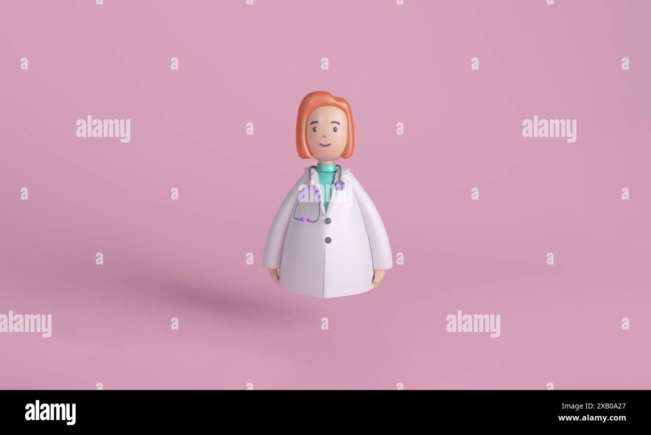 Illustrazione 3D di un personaggio medico femminile con uno stetoscopio, su sfondo rosa, che rappresenta la salute e la professione medica. Foto Stock