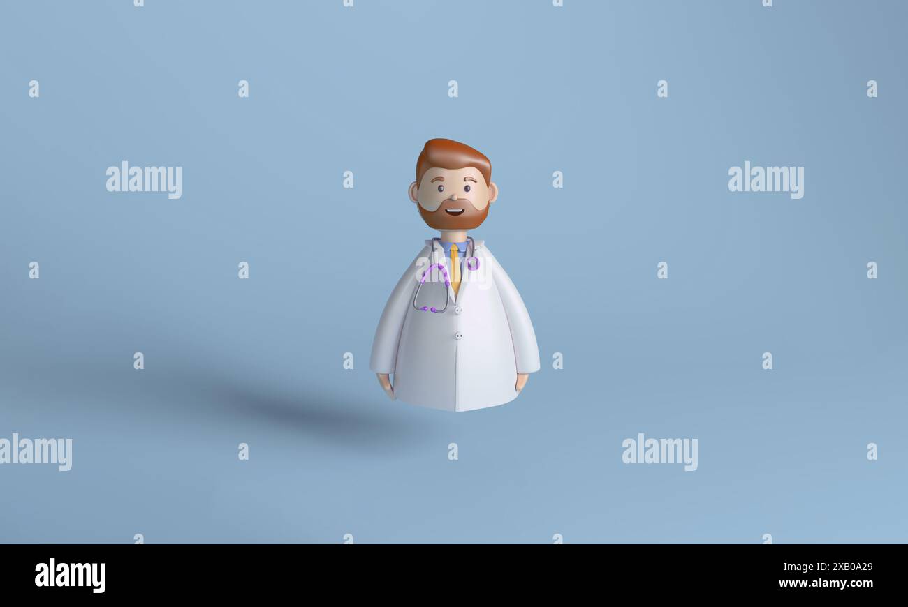 Illustrazione 3D di un personaggio medico maschile con uno stetoscopio, su sfondo blu, che simboleggia la professione sanitaria e medica. Foto Stock