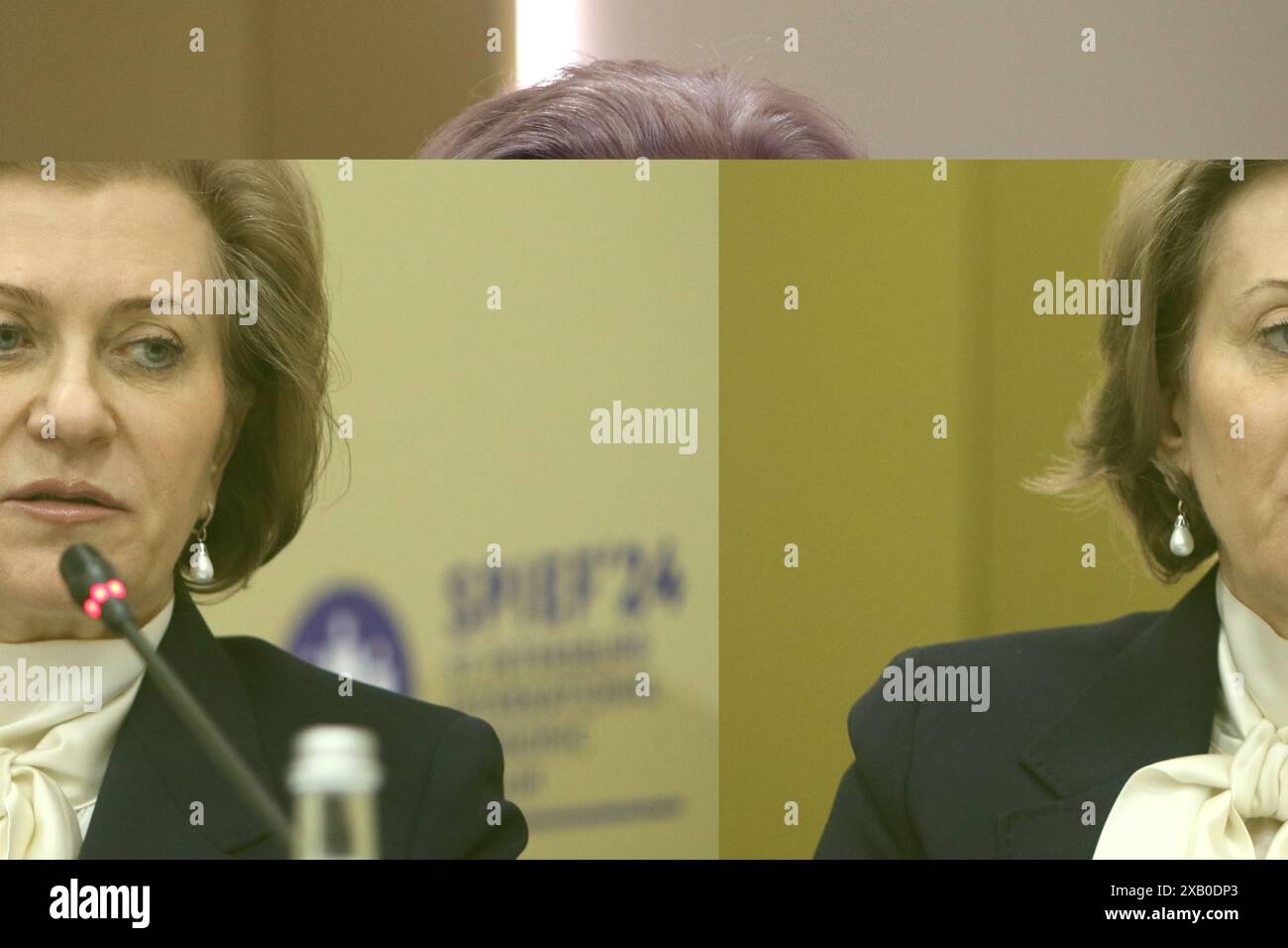 San Pietroburgo, Russia. 7 giugno 2024. Anna Popova, capo del servizio federale per la sorveglianza sulla protezione dei diritti dei consumatori e il benessere umano; medico sanitario capo della Federazione russa, partecipa a una sessione sul passato, presente e futuro della nostra dieta: il ruolo della nutrizione nello sviluppo sostenibile nel quadro del Forum economico Internazionale di San Pietroburgo 2024 (Credit Image: © Maksim Konstantinov/SOPA Images via ZUMA Press Wire) SOLO USO EDITORIALE! Non per USO commerciale! Foto Stock