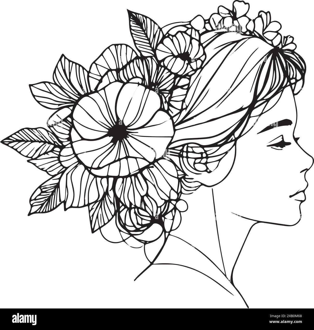 Immagine minimalista in stile boho con morbide linee nere sul bianco: Giovane donna con fiori nei capelli. Illustrazione elegante e contemporanea, ideale per co Illustrazione Vettoriale