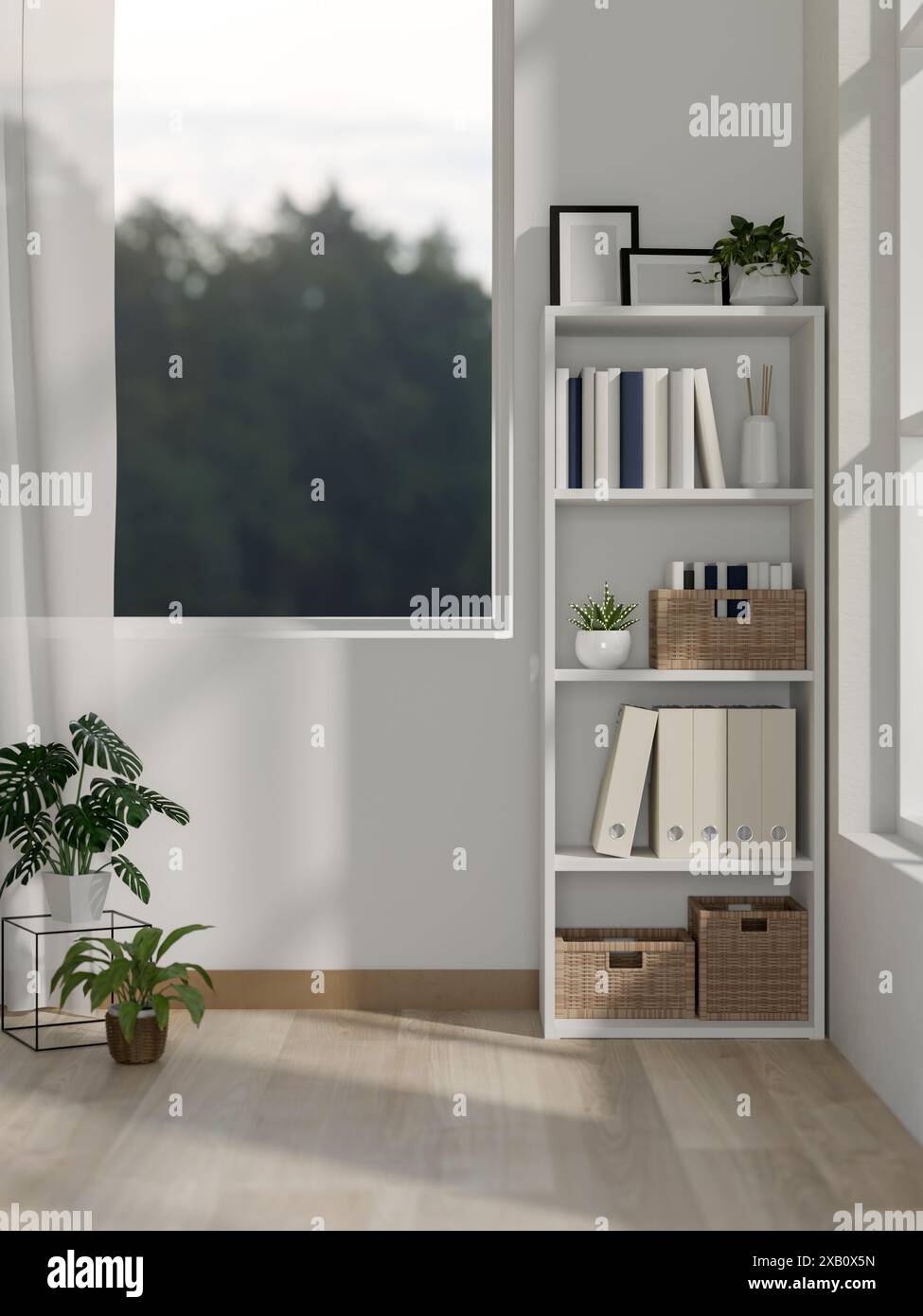 Il design degli interni di una camera minimalista presenta uno scaffale, pavimento in parquet, piante d'uva e una parete bianca. interni per la casa, interni di piccole dimensioni, 3d r Foto Stock