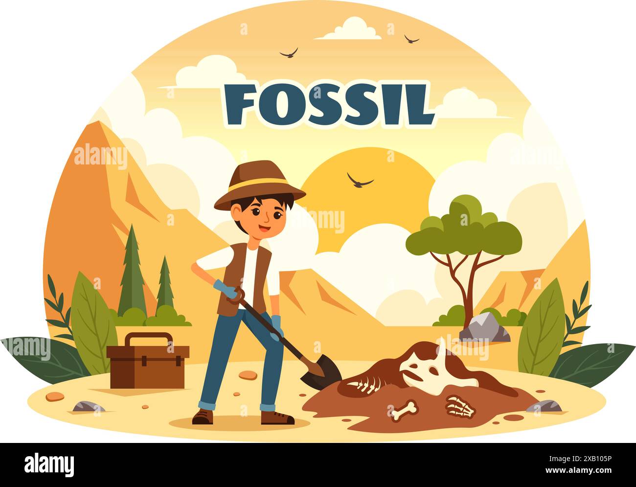 Fossil Vector illustrazione di archeologi che scoprono scheletri di dinosauri durante gli scavi, raffigurati su uno sfondo in stile mattone Illustrazione Vettoriale