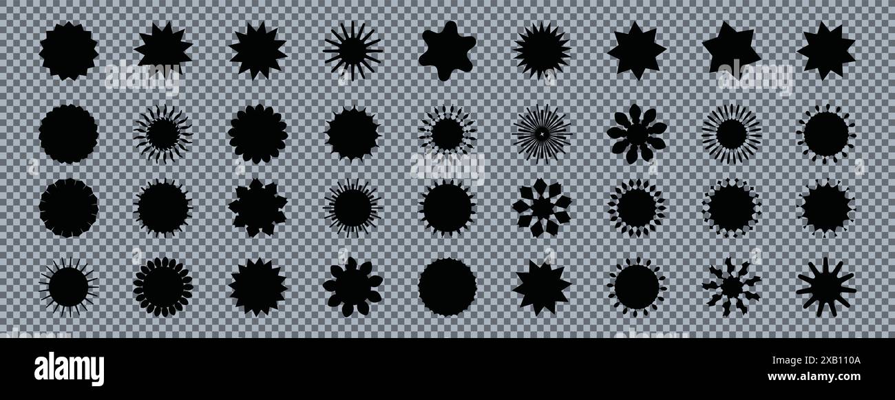 Set promozionale adesivi bianchi neri. Collezione di piatti Starburst, cartellino di vendita o prezzo, marchio di qualità, badge di sconto anni '70 o '80 Sunray Illustrazione Vettoriale