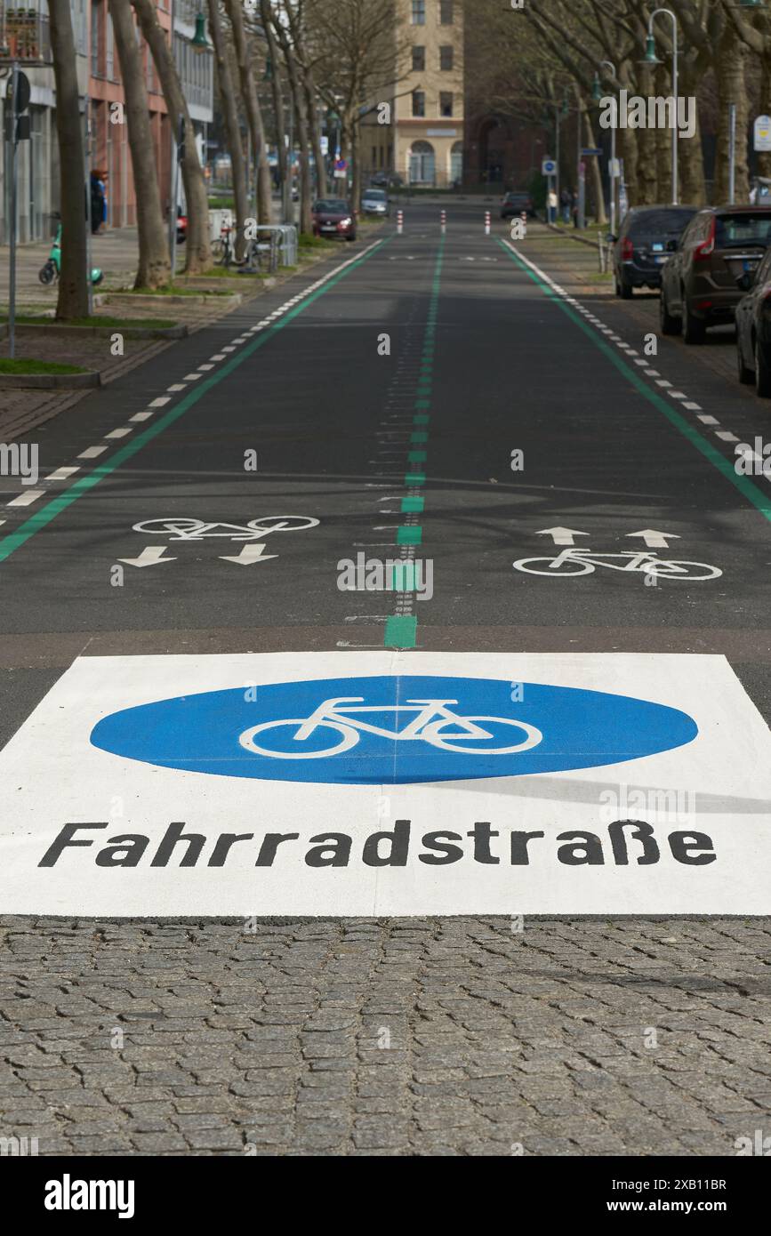 Pista ciclabile, Fahrradstraße nel centro di Berlino-Mitte. I ciclisti hanno la priorità sugli automobilisti sulle piste ciclabili. Foto Stock