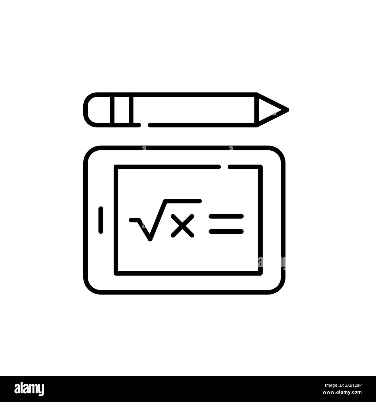 Tablet elettronico, matita con testo ed espressione matematica. Assegnazioni elettroniche e materiali di apprendimento online. Pixel Perfect, vettore di traccia modificabile Illustrazione Vettoriale