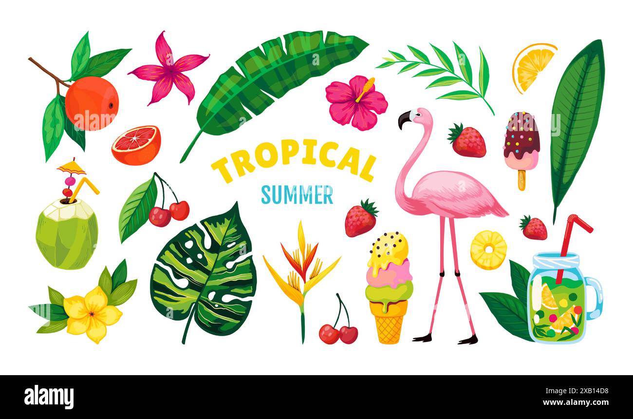 Spiaggia estiva. Viaggi alle Hawaii. Festa caraibica. fenicottero esotico. Frutta tropicale per un bicchiere da cocktail. Gelato. Fiori di Aloha e ananas. Gli elementi vettoriali delle ferie estive impostano le foglie di palma Illustrazione Vettoriale