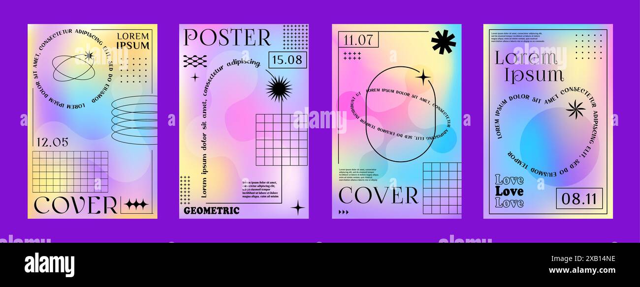 Ologramma arcobaleno y2k poster brutali gradiente. Linee vettoriali forme geometriche astratte e cornici grafiche estetiche con stelle, cerchi, punti e scintille, cuori e archi su sfondo a gradiente pastello Illustrazione Vettoriale