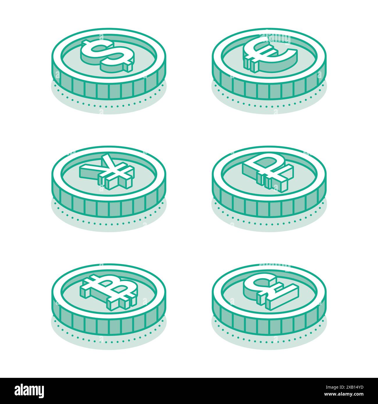 Impostazione valuta. Monete isometriche di dollaro, sterlina, euro, rublo, yen e bitcoin. Illustrazione vettoriale. Icone isometriche. Illustrazione Vettoriale