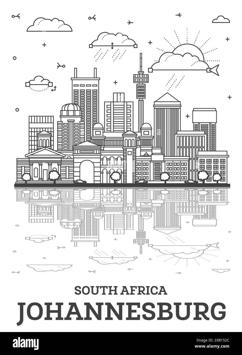 Delinea lo skyline della città di Johannesburg in Sudafrica con edifici moderni e riflessioni isolate su White. Illustrazione vettoriale. Johannesburg. Illustrazione Vettoriale