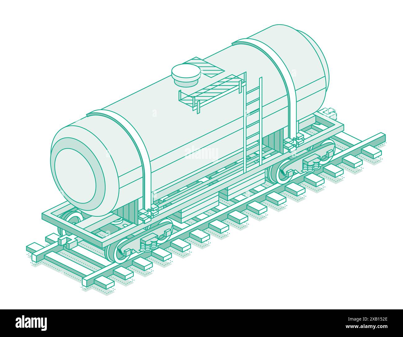 Carrozza cisterna isometrica per ferrovia. Vagone ferroviario merci. Oggetto isolato su sfondo bianco. Ferrovia. Illustrazione vettoriale. Carro su rotaie. Illustrazione Vettoriale