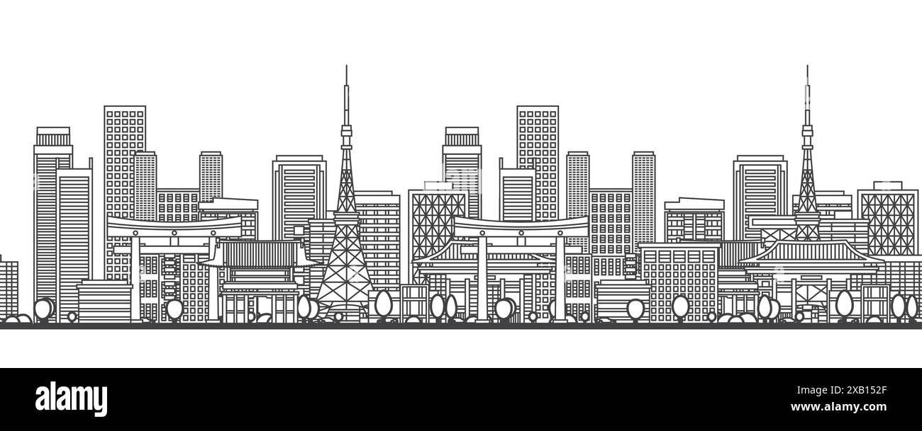 Motivo senza cuciture con la città giapponese. Delinea lo skyline con edifici moderni e storici isolati sul bianco. Illustrazione vettoriale. Tokyo City scape. Illustrazione Vettoriale