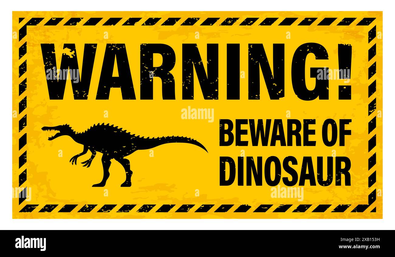 Grunge attenzione dinosauro cartello di avvertimento. Banner di avvertimento vettoriale per il Dino Park nei colori giallo e nero con la silhouette di uno Spinosaurus con testo attenzione al dinosauro e cornice con strisce diagonali Illustrazione Vettoriale