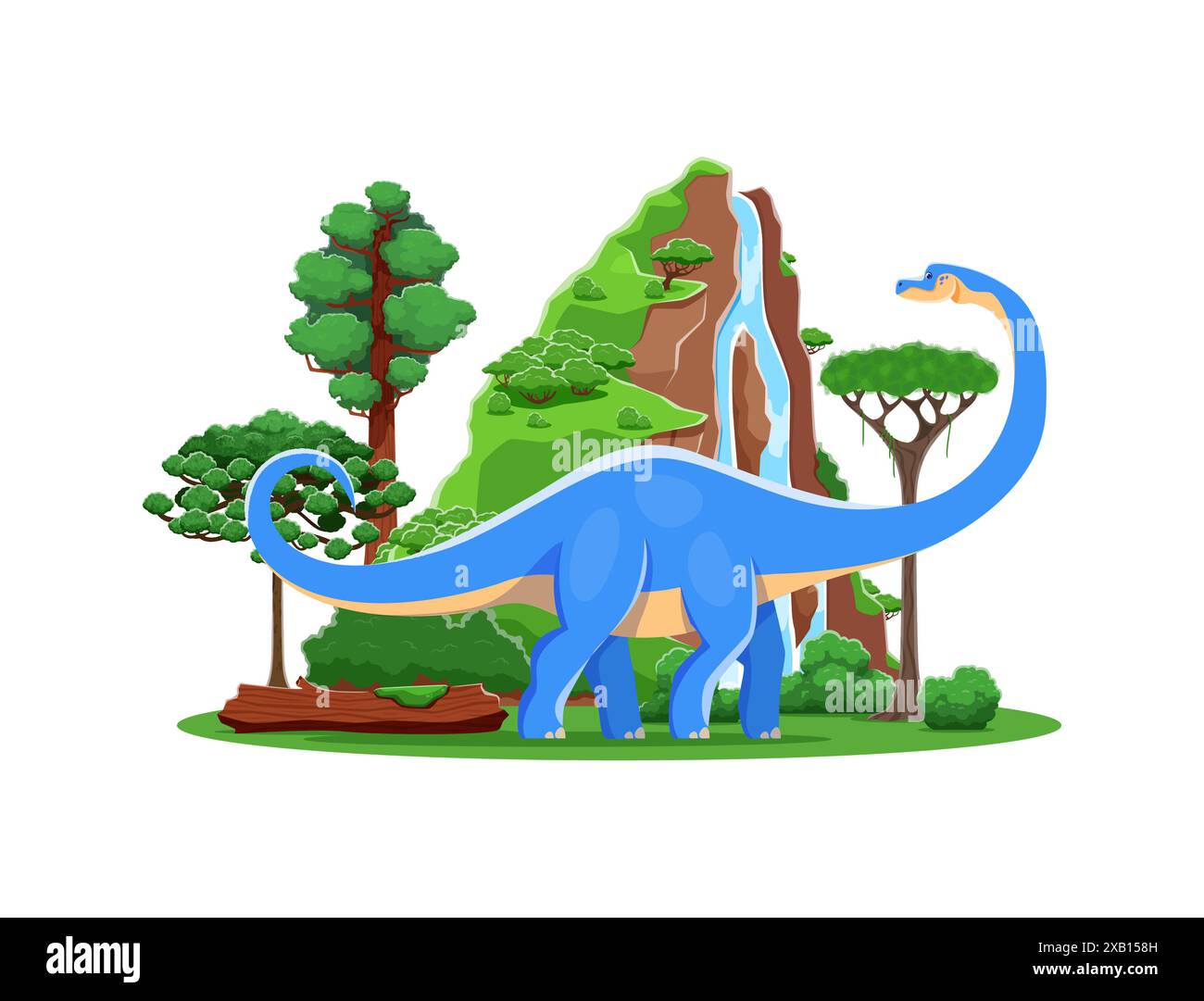 Haplocanthosaurus dinosauro cartoon preistorico. Dinosauro sauropode blu vettoriale in un paesaggio lussureggiante con alberi torreggianti, cascate e scogliere. Antico Giurassico o Mesozoico, habitat naturale dei dinosauri Illustrazione Vettoriale