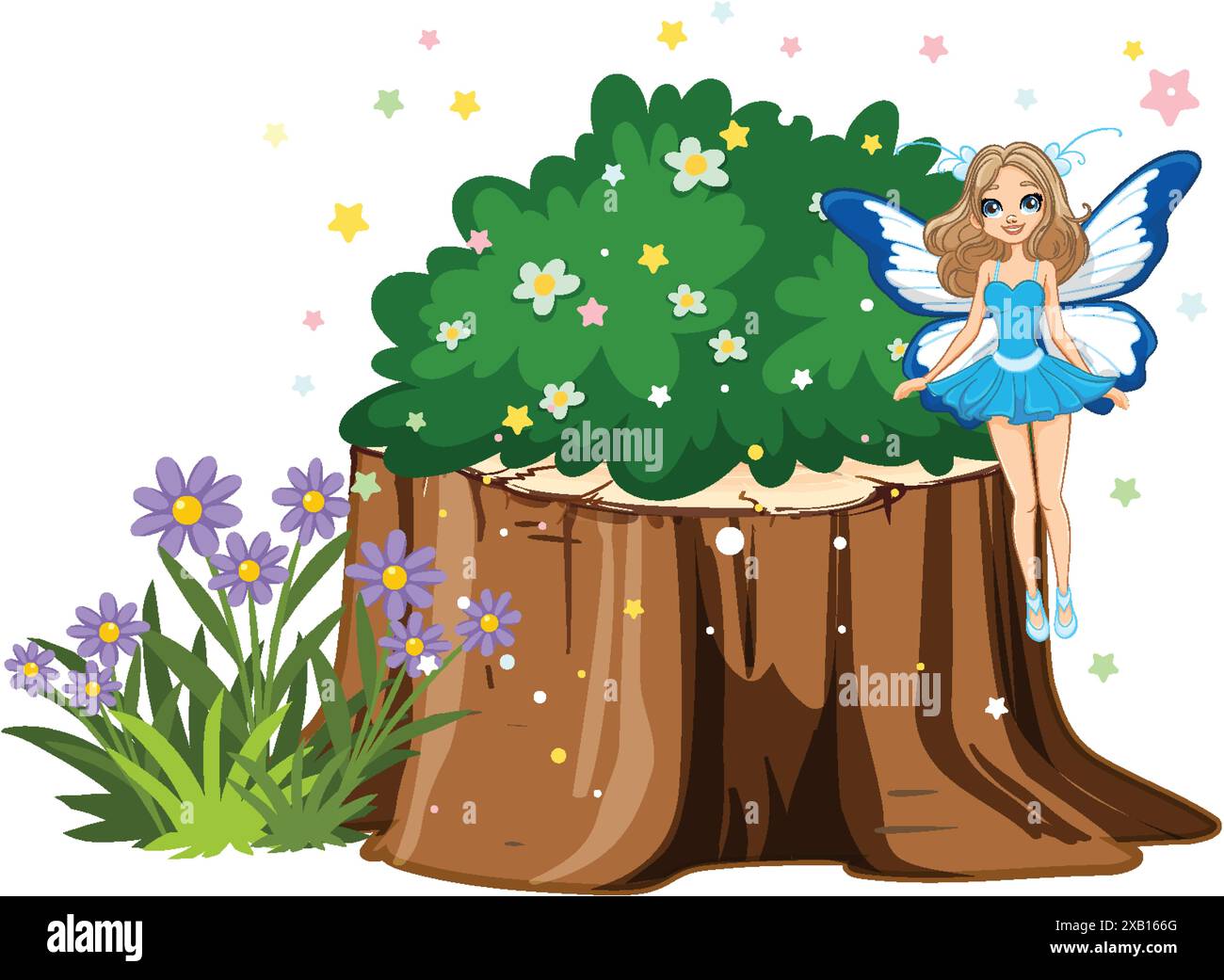 Una fata si libra vicino a un magico ceppo d'albero Illustrazione Vettoriale