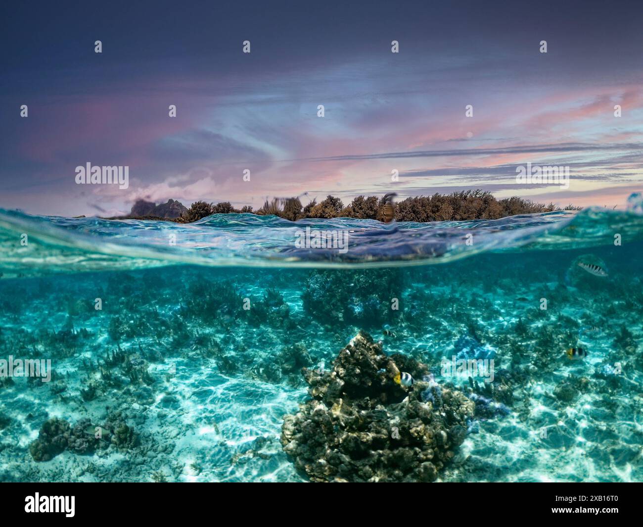 Spettacolare vista parziale della laguna turchese di Bora Bora, Polinesia francese Foto Stock