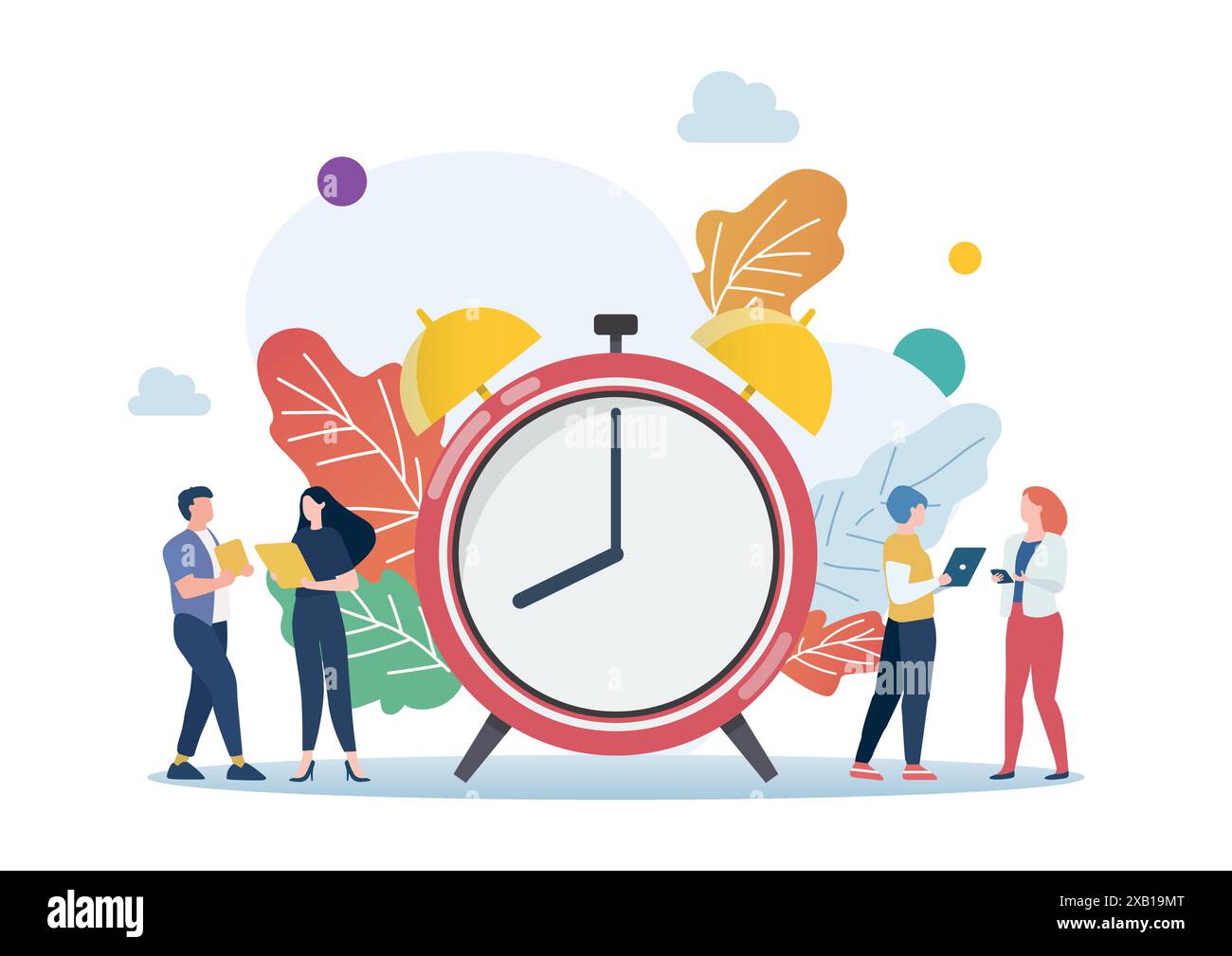 Piccoli uomini d'affari con sveglia in stile piatto. concetto aziendale di illustrazione vettoriale Illustrazione Vettoriale