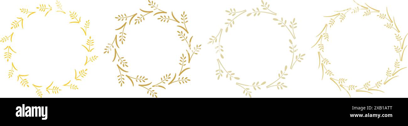 Set di corone a spikelets disegnate a mano. Orecchie mature di frumento, segale, orzo, riso in cerchio. Bordi vuoti di colture di cereali giallo oro, modello grafico vettoriale Illustrazione Vettoriale