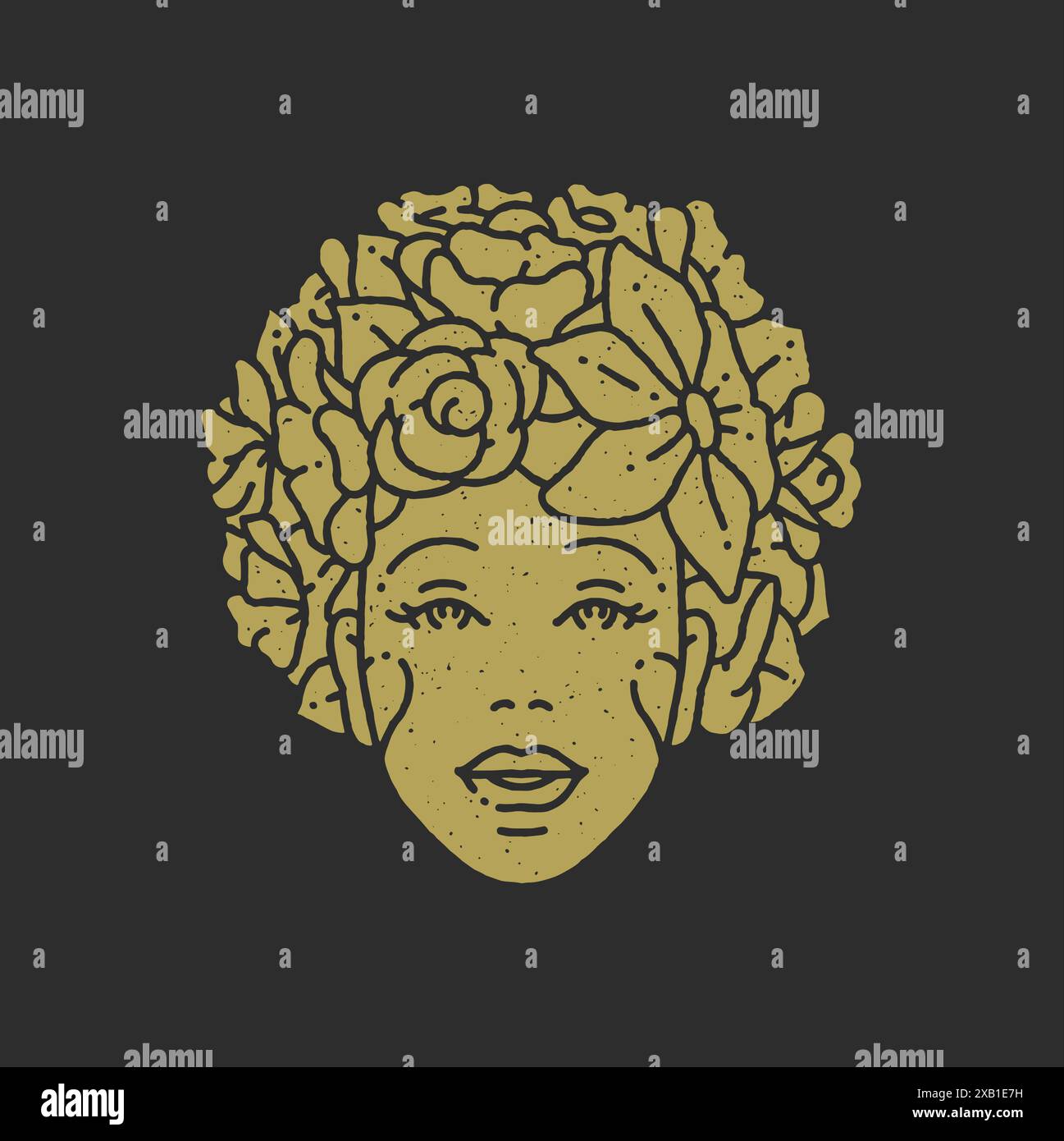 Viso romantico da donna con acconciatura naturale di fiori, disegno decorativo, texture grunge, illustrazione vettoriale. Elegante avatar facciale femminile Illustrazione Vettoriale