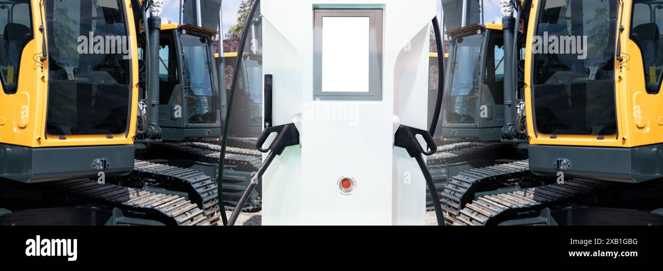 Flotta di escavatori per costruzioni pesanti. Foto Stock