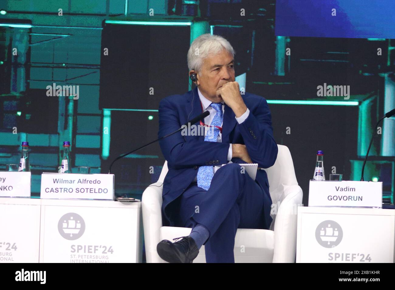 San Pietroburgo, Russia. 7 giugno 2024. Wilmar Alfredo Castro Soteldo, ministro del potere popolare per l'agricoltura e le terre della Repubblica bolivariana del Venezuela, partecipa a una sessione sulla bioeconomia: Innovazione e bioproduzione nel quadro del Forum economico internazionale 2024 di San Pietroburgo (SPIEF 2024). (Foto di Maksim Konstantinov/SOPA Images/Sipa USA) credito: SIPA USA/Alamy Live News Foto Stock