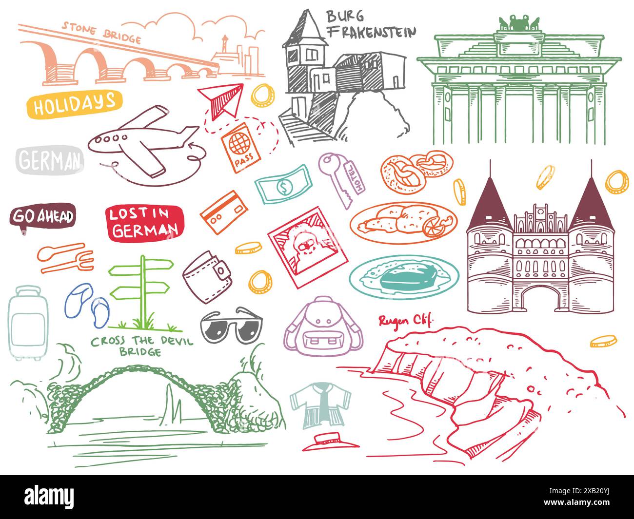 Set disegnato a mano di viaggi per la Germania Set di viaggi per scoprire le icone del turismo e dell'avventura estiva in uno stile colorato isolato su sfondo bianco Illustrazione Vettoriale