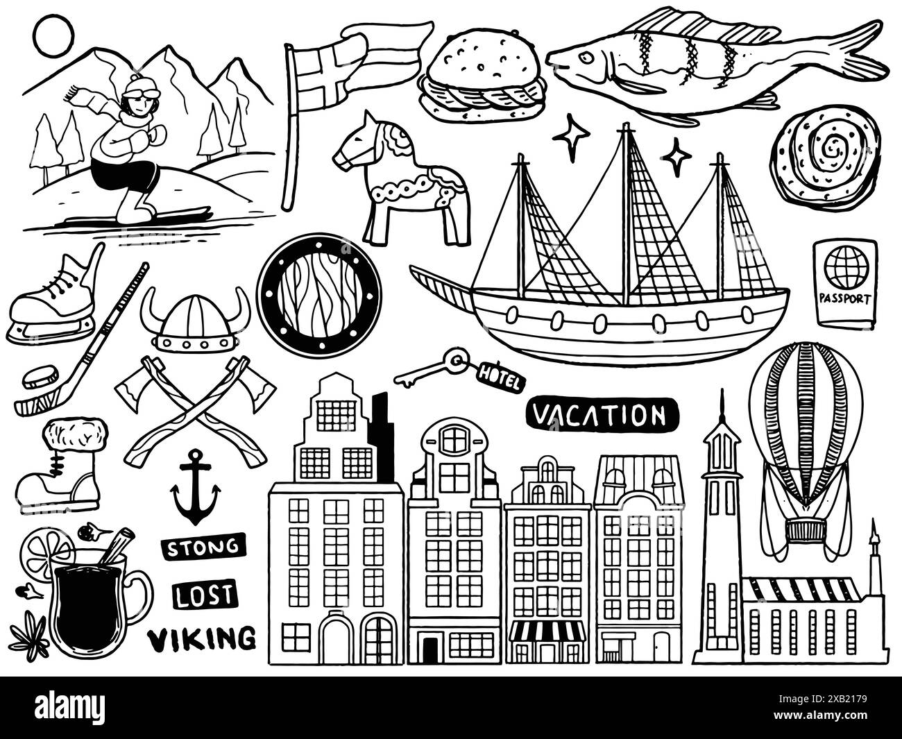 Set disegnato a mano di viaggi per la Svezia Set di viaggi per scoprire le icone di Doodle Tourism e avventura estiva in stile bianco e nero isolate su sfondo bianco Illustrazione Vettoriale