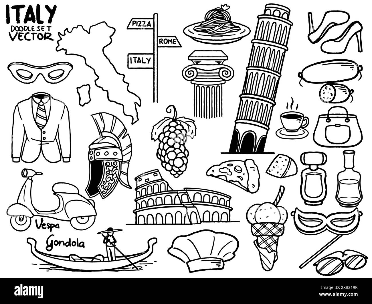 Set disegnato a mano di viaggi per l'Italia Set di viaggi per scoprire le icone del turismo e dell'avventura estiva in stile bianco nero isolate su un backgroun bianco Illustrazione Vettoriale